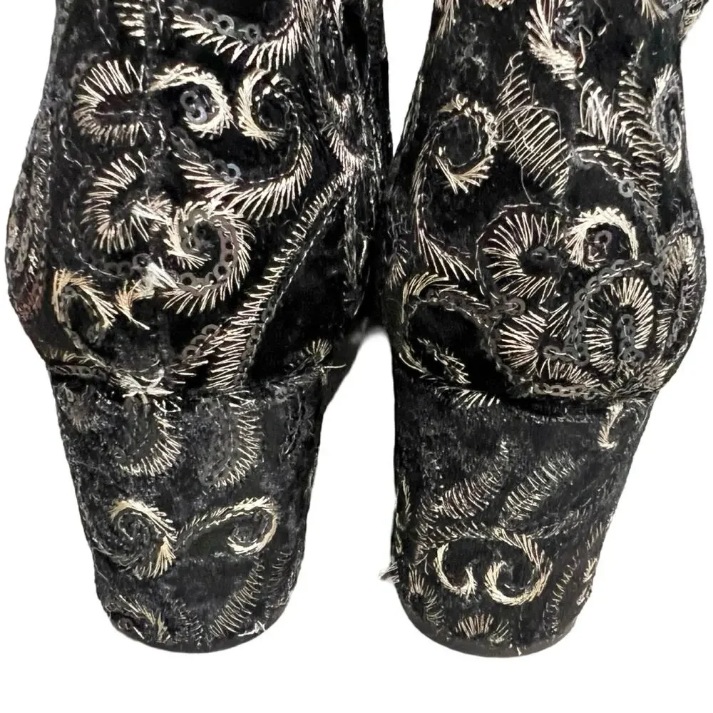 Aldo Sequin Gold Black Velvet Floral Brocade Block Heel Ankle Boots size 8.5 - Picture 5 of 7